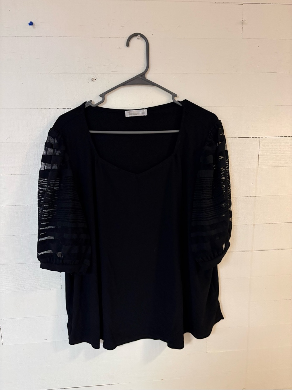 89th + Madison 3X Black Sheer Sleeve Blouse Plus Size Scoop Neck Top